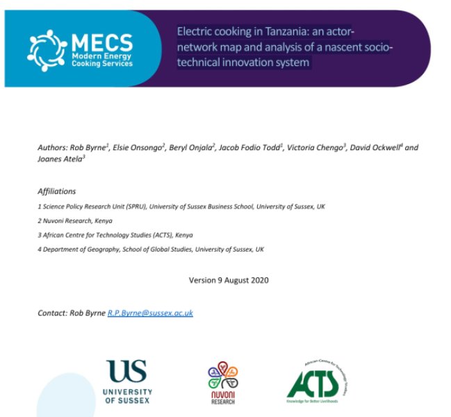Electric cooking in Tanzania: an actor network map and analysis of a nascent socio technical innovation system